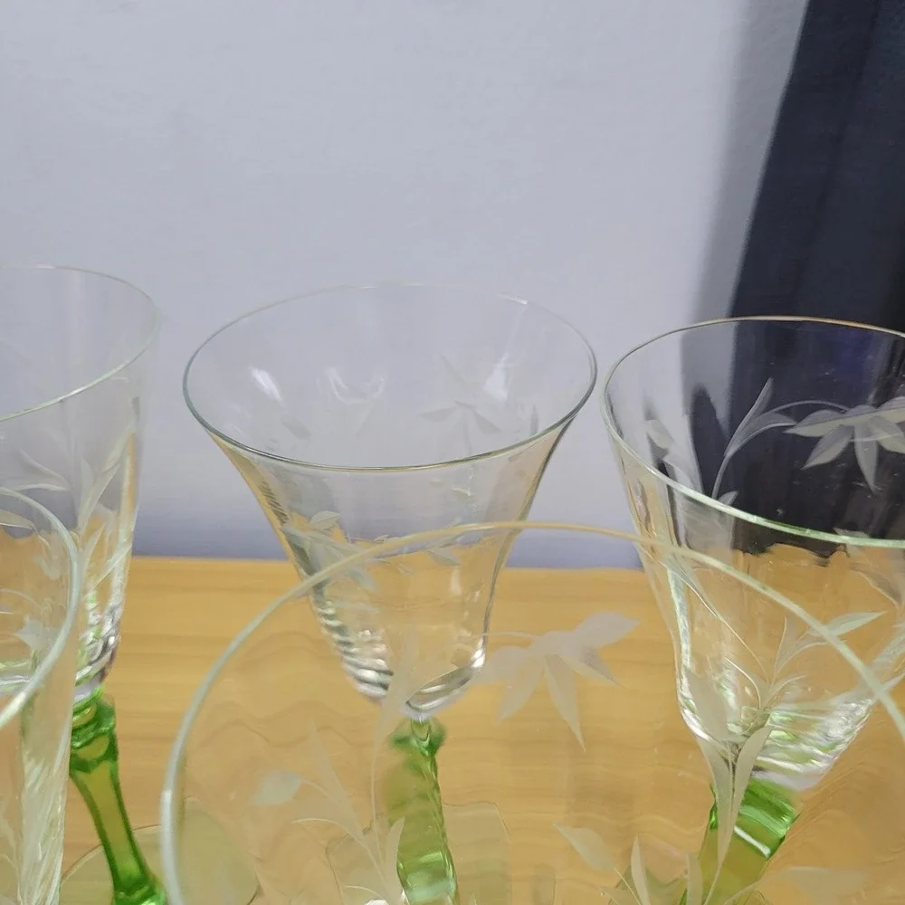 Vintage Uranium Etched Floral Stemware Glass Set of 6 Wine Goblet Optic